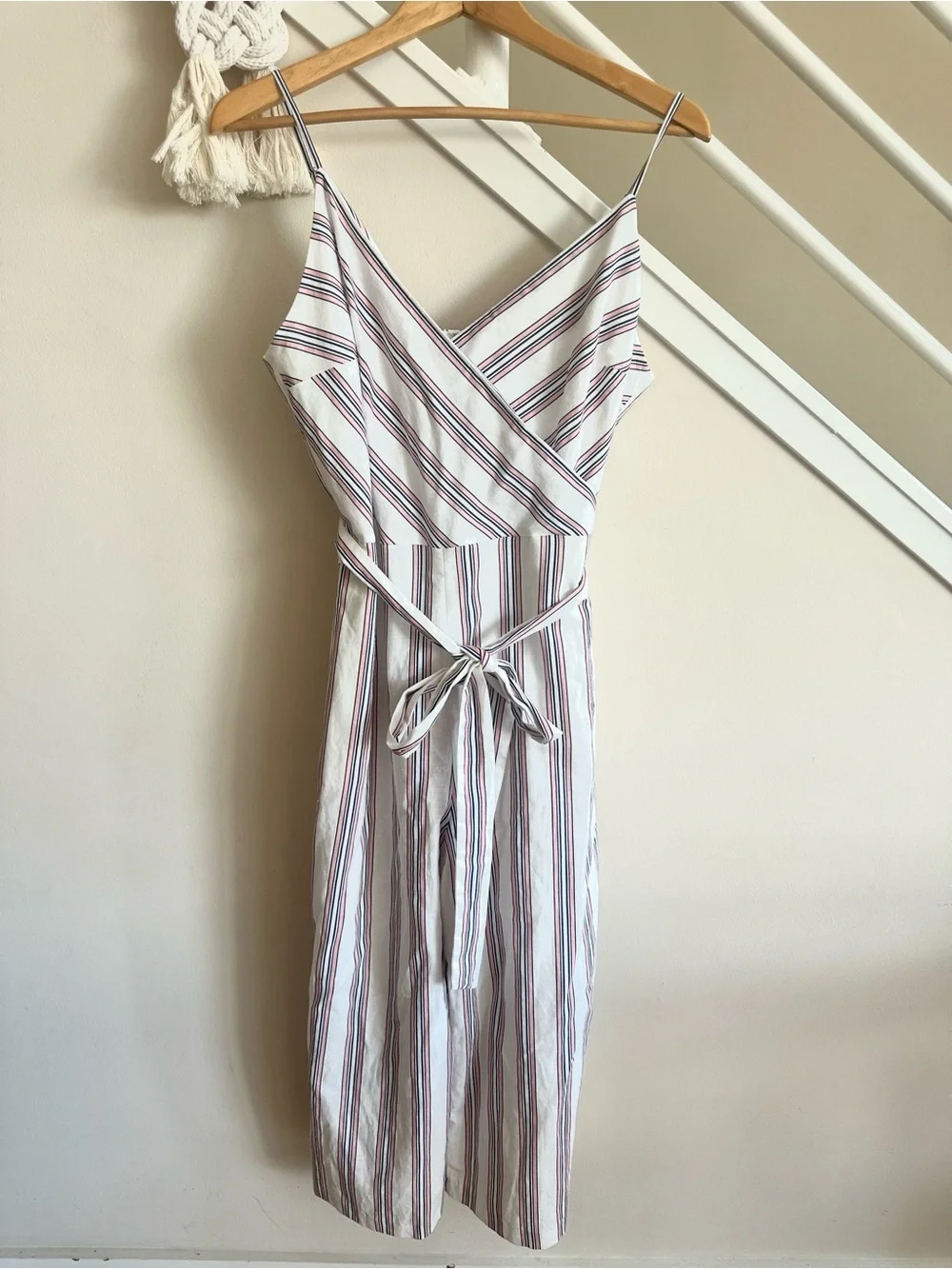 Banana Republic White Wide Leg Linen Jumpsuit with Pink & Navy Stripes Sz 12 NWT